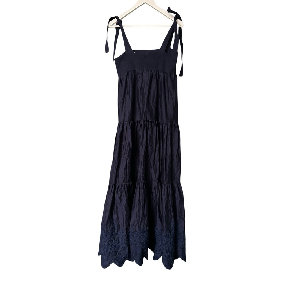 Jason Wu Tiered Embroidered Eyelet Maxi Dress Women Small Shoulder Bow Ties Navy - Picture 4 of 10
